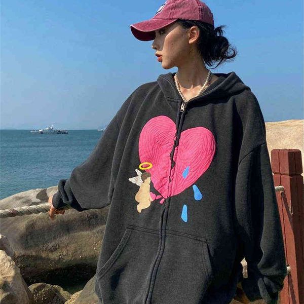 Sweats à capuche pour femmes Sweatshirts Dark Split Heart Cute Angel Priinting Zip Up Sweat à capuche Cardigan Femmes Filles Sweat-shirt surdimensionné Kawaii Vêtements 2022 Automne Hiver T220826