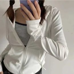 Sweats à capuche pour femmes Sweatshirts Deeptown Vintage Zip Up Recadrée Femmes Style Coréen Streetwear À Capuche Kpop Couleur Unie Y2k Hauts À Manches Longues 24328