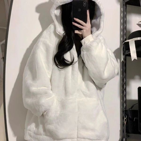 Sweats à capuche pour femmes Sweatshirts Deeptown Femmes Zip Sweat À Capuche Épaissir Fuzzy Polaire Harajuku Ours Oreille Oversize Blanc Manteaux Mignon Doux Vêtements De Sortie D'hiver 230215