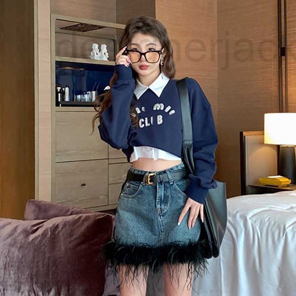 Sweats à capuche pour femmes Sweatshirts Designer Femmes 2023 Col de chemise de printemps Faux deux morceaux de lettres de diamant d'ongle taille ouverte court pull fille chaude RAT0