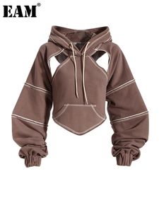 Dames Hoodies Sweatshirts EAM Bruin Terug Boog Onregelmatige Cut-out Sweatshirt Capuchon Lange mouw Dames Grote maten Mode Lente Herfst 1DF1820 221119