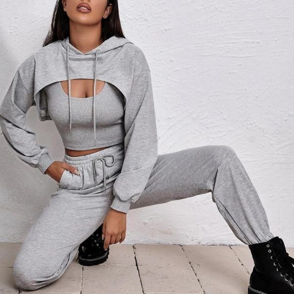 Sweats à capuche pour femmes Sweat-shirts Ele-choices 2022 Femmes Gilet Pantalon Ensemble Poches Lâche Sexy Top Pantalons De Survêtement Pour Sports À Capuche StreetwearFemmes