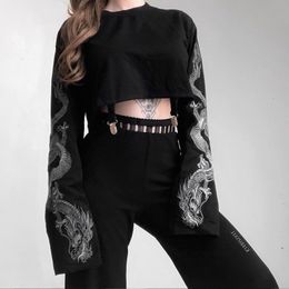 Sweats à capuche pour femmes Sweatshirts Europe et Amérique Été Lâche Col rond Noir Dragon Imprimé Court Ouvert Pull ombilical Top 230810