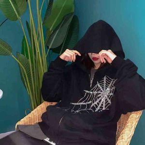 Hoodies voor dames sweatshirts Europese en Amerikaanse mode Spider Web Zipper Hoodie Women Y2K Street Hip-Hop Black Long-Sleeved herfst en winterkleding T220826