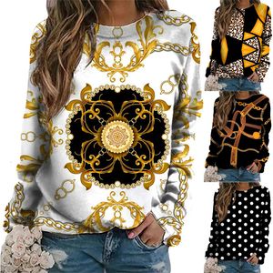 Dames hoodies sweatshirts mode gouden patroon vrouwen casual lange mouw t shirt vintage 3D print oneckvneck pullover tops elegante dames kleding 230206