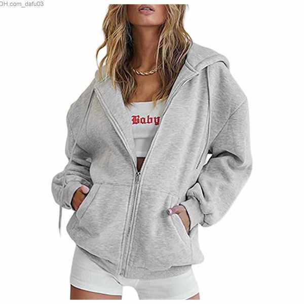 Sweats à capuche pour femmes Sweat-shirts Mode Gris Zipper Sweat Femme Automne Hiver Veste Cthes Super Dalian Sweat À Capuche Rétro Poche À Manches Longues À Capuche Z230726