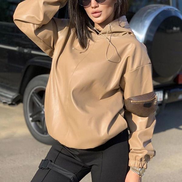 Sweats à capuche pour femmes Sweat-shirts Mode Manteau en cuir PU Sweat à capuche pour femme 2022 Mince Printemps Automne Noir Kaki Sweat Streetwear Gothique Casual Out