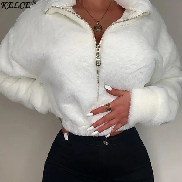 Sweats à capuche pour femmes Sweatshirts Mode Femmes Casual Lâche Hiver Crop Tops Couleur Unie Entièrement Col Montant Manches Longues Zip Up Pull Sweat pour Filles Blanc 231114