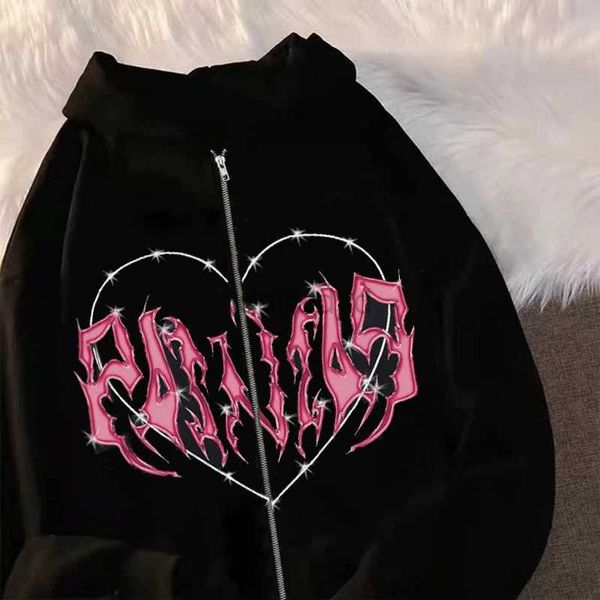 Sudaderas con capucha para mujer Sudaderas Moda Y2K Esqueleto Mujeres Gótico Negro Zip Up Sudadera de gran tamaño Señoras Retro Harajuku Chaqueta con capucha Abrigo de calle 24328