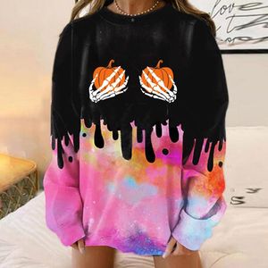 Sweats à capuche pour femmes Halloween manches longues Streetwear col rond Moletom Tie-dye Colorblock sweat Sudaderas haut vêtements d'automne W