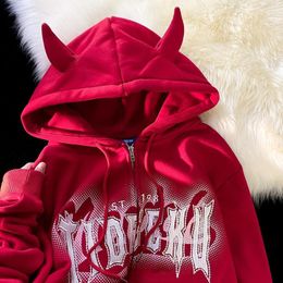 Dames Hoodies Sweatshirts Harajuku Merk Letters Print Kawaii Hoorn Duivel Zip Up Hoodie Jassen Tienerkoppels Oversized Sweatshirt Jassen Hip Hop Straat 230728