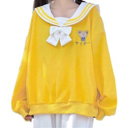 Dames Hoodies Sweatshirts Harajuku Leuke Hoodie Dames Lolita Kawaii Beer Print Sweatshirt Tienermeisjes Streetwear Sailor Kraag JK Strik Tie Pullover Top 221129