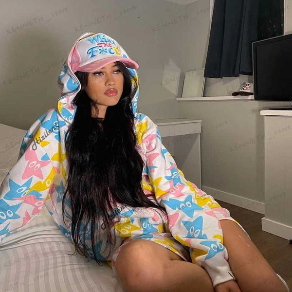 Sweats à capuche pour femmes Sweatshirts Harajuku Zip-Up Goth Punk Femme Veste À Capuche Hip Hop Oversize Y2K Sweat À Capuche Pour Femme Automne Streetwear Star Print Sweat Blanc T240126