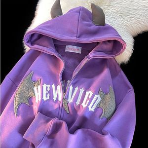 Dames Hoodies Sweatshirts Hip Hop Dark Bat Wing Devil Horn Gothic Zip Up Hoodie Jacket Mannen Vrouwen Oversized Sweatshirt Kawaii Kleding Harajuku Winter Y2K 230727