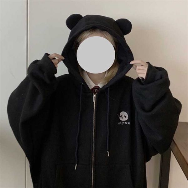 Sweats à capuche pour femmes Sweats à capuche femmes mignon panda oreille pulls décontractés zippés à manches longues dame vêtements chic BF dessin animé à capuche noir 220926