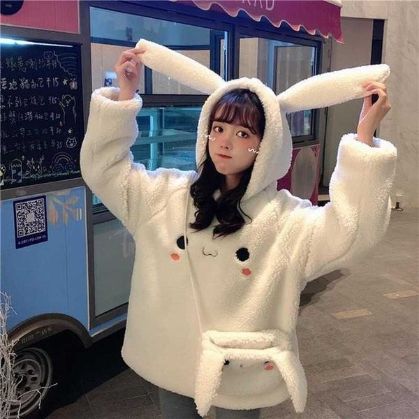 Sweats à capuche pour femmes Sweatshirts Houzhou Bunny Ear Sweats à capuche Femmes Chaud Kawaii Babbit Sac à capuche surdimensionné Femme Automne Hiver Mignon Sweat-shirt blanc Style coréen T220929