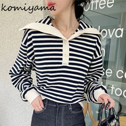 Sweats à capuche pour femmes Sweatshirts Komiyama Contrast Stripe Vêtements pour femmes Épaules tombantes Pull à manches longues Pull ample Top Grand revers Tricots 230810