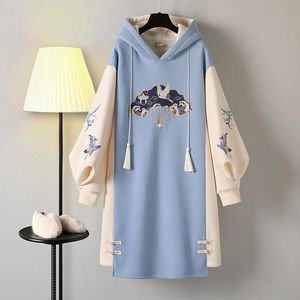 Dames hoodies sweatshirts plus size vestidos 2023 lente Chinese stijl sweatshirt jurk hanfu lange mouw borduurwerk dik c