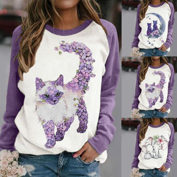 Sweats à capuche pour femmes Sweats Violet Chat Fleur Lune Éléphant Imprimer Couture Contraste Sweat Manches Longues Vêtements D'hiver Ropa Invierno