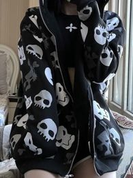 Sudaderas con capucha para mujer QWEEK Gothic Harajuku Punk Skull Sudaderas con capucha Mujer Mall Goth Tops Streetwear Negro Manga larga con cremallera Sudadera con capucha Otoño 230613
