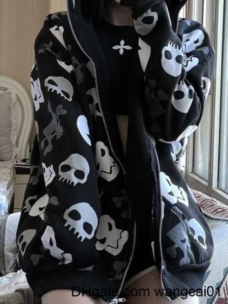 Sweats à capuche pour femmes Sweats QWEEK Gothique Harajuku Punk Skull Hoodies Femme Mall Goth Tops Streetwear Noir Long Seve Zip Up Sweat à capuche 2022 Automne 0407H23