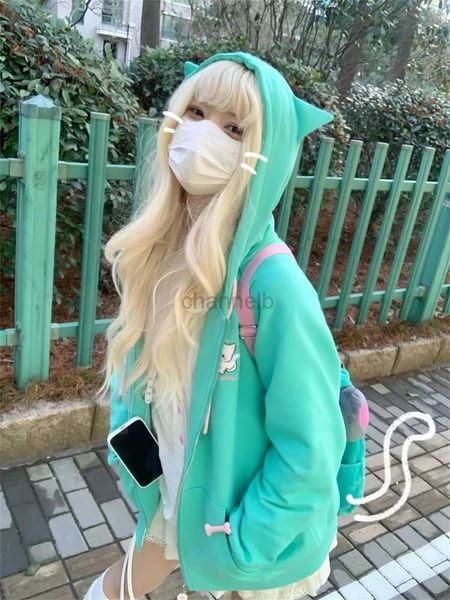 Sudaderas con capucha para mujeres sudaderas Qweek Harajuku Kawaii Campo up Women Women Gato Ear Japonés Y2K Linda chaqueta con capucha Sweet Sweet Lolita Sweatshirts 240413