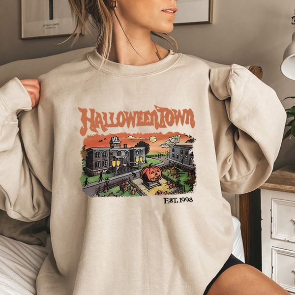 Sudaderas con capucha para mujer Retro HalloweenTown 1998 Sudadera con cuello redondo Camisa de Halloween Suéter de fiesta divertido Otoño Calabaza Camisetas Regalo 230731