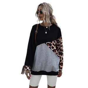 Dames hoodies sweatshirts ronde nek midden lengte losse kleur bijpassende luipaard print trui trui pullover casual bijgesneden top hoodieswomen's