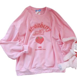 Sweats à capuche pour femmes Sweatshirts S-3XL Harajuku Kawaii Sweatshirt Fraise Rose Sweatshirts Printemps Kpop Style Coréen Polaire Femmes Support Élargi Outwear pour Filles 230911