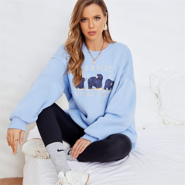 Sweats à capuche pour femmes Sweat-shirts Bleu ciel Sweat-shirt en molleton surdimensionné Style coréen Coton Pull à manches longues Col rond Mignon Ours Sweat-shirt graphique pour les femmes 230325