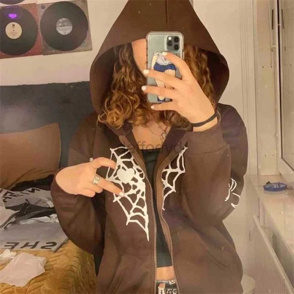 Sweats à capuche pour femmes Sweatshirts Spider Web Graphic Femmes Hommes Casual Sweat-shirt zippé Harajuku Streetwear Y2k Veste à capuche Cardigan à fermeture éclair Marron Emo 24328