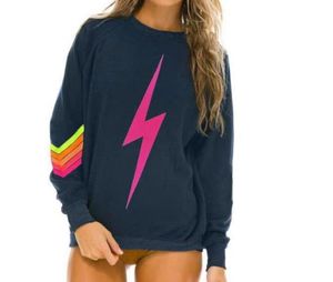 Dames Hoodies Sweatshirts Lente Dun Sweatshirt Dames/Meisje O-hals Regenboogstreep Bliksemprint T-shirt met lange mouwen Mode Europa-VS-stijl