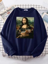 Dames Hoodies Sweatshirts T-shirts Mona Lisa Knuffelen Kat Kawaii Vrouwelijke Hoodies Mode Casual Hoodie Oversize Losse Sweatshirts Warme Fleece Kleding Dames