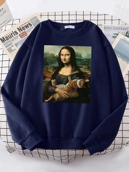 Sweats à capuche pour femmes Sweatshirts T-shirts Mona Lisa étreignant chat Kawaii Femme Sweats à capuche Mode Sweat à capuche décontracté surdimensionné Sweats amples Chaud Polaire Vêtements Femmes
