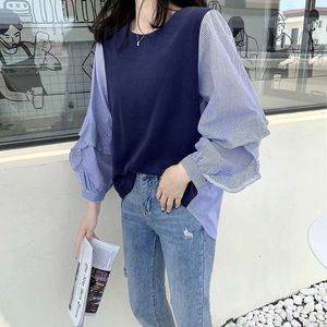 Sweats à capuche pour femmes Sweatshirts Tempérament Hit Couleur Pull 2023 Printemps Automne Femme À La Mode Patchwork Rayé Manches Longues Bouffantes Chemise Oneck Tops 230822