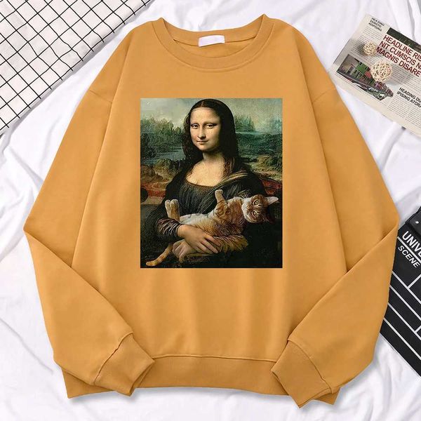Sweats à capuche pour femmes Sweatshirts tendance simple femme sweat célèbre peinture Mona Lisa tenir chat créativité imprimer sweats à capuche polaire doux pulls amples hauts chauds