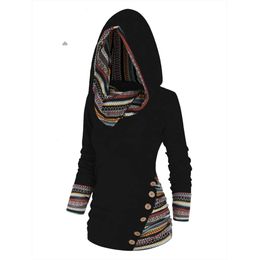 Dames hoodies sweatshirts tribale geometrische streeppaneel brei -top top lange mouw mock knop gebreide vrouwen casual etnische t 38