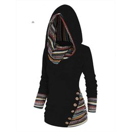 Dames hoodies sweatshirts tribale geometrische streeppaneel brei -top top met lange mouwen mock knop gebreide vrouwen casual etnische t 96