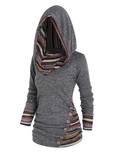 Sweats à capuche pour femmes Sweats Tribal géométrique Stripe Panel Hooded Knit Top à manches longues Mock Button Knitted Women Casual Ethnic Top With Hood 230207
