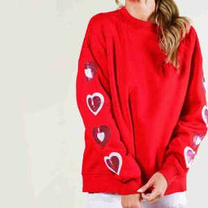Sweat-shirt à capuche pour femme, sweat-shirt à manches longues et col rond, avec cœur scintillant, pour la saint-valentin, hauts surdimensionnés, 24328