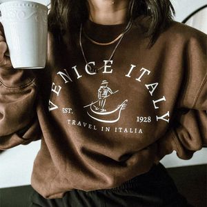 Dames Hoodies Sweatshirts Venetië Italië EST1928 Retrostijl Oversized Truien met lange mouwen Herfst Katoen Informeel Trui Tumblr Mode Esthetisch 230728
