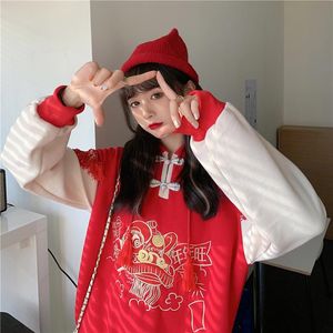 Sweats à capuche pour femmes Sweatshirts Hiver Plus Velours Année Chinoise Sweat À Capuche Femmes Lâche Casual Vintage Boucle Rouge Top Femme Pull Cl