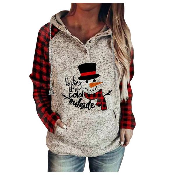 Sudaderas con capucha para mujer con jersey de bolsillo a cuadros Navidad muñeco de nieve enano estampado botón abajo manga larga #H