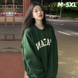 Sweats à capuche pour femmes Sweatshirts Femmes Style américain Vert Lâche Femme Hiver Épaissir Rétro O-Cou Mode Vintage Lettre Streetwear Chic