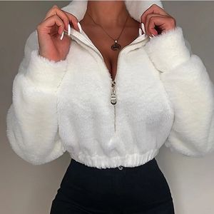 Sweats à capuche pour femmes Sweatshirts Femmes Casual Lâche Hiver Crop Tops Couleur Unie Entièrement Col Montant Manches Longues Zip-Up Pull Sweat pour Filles Blanc 230210