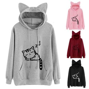 Dames hoodies sweatshirts vrouwen schattige oren pullover hoodie sweatshirts losse thermische capuchon top met verstelbare trekkoord tops herfstveer vrouw 230224