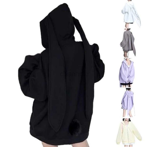 Sweats à capuche pour femmes Sweatshirts Femmes mignonnes Long Rabbit Ears Hoodie Vestes Y2K Girls Harajuku Couleur solide Zipper Up Up Sweet Sweat Automne Casual Loose Cardigan Matel 240413