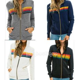 Sweats à capuche pour femmes Sweatshirts Femmes Mode Sweat à capuche surdimensionné Rainbow Stripe Sweat-shirt à manches longues Zipper Pocket Manteau Veste Printemps Casual V