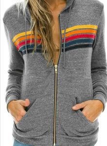 Sweats à capuche pour femmes Sweatshirts Femmes Mode Sweat à capuche surdimensionné Rainbow Stripe Sweat-shirt à manches longues Zipper Pocket Manteau Veste Printemps Casual V