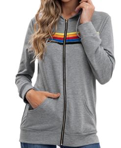 Sweats à capuche pour femmes Sweatshirts Femmes Mode Sweat à capuche surdimensionné Rainbow Stripe Sweat-shirt à manches longues Zipper Pocket Manteau Veste Printemps Casual V